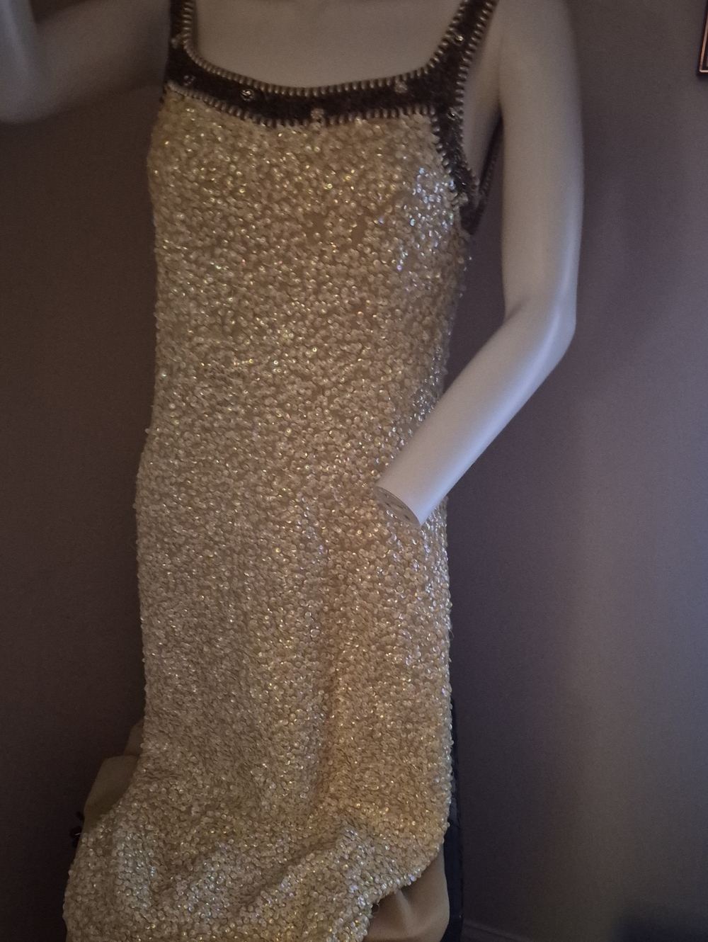 Source Unknown Ivory Sequin Midi Dress with Dark Beaded Trim